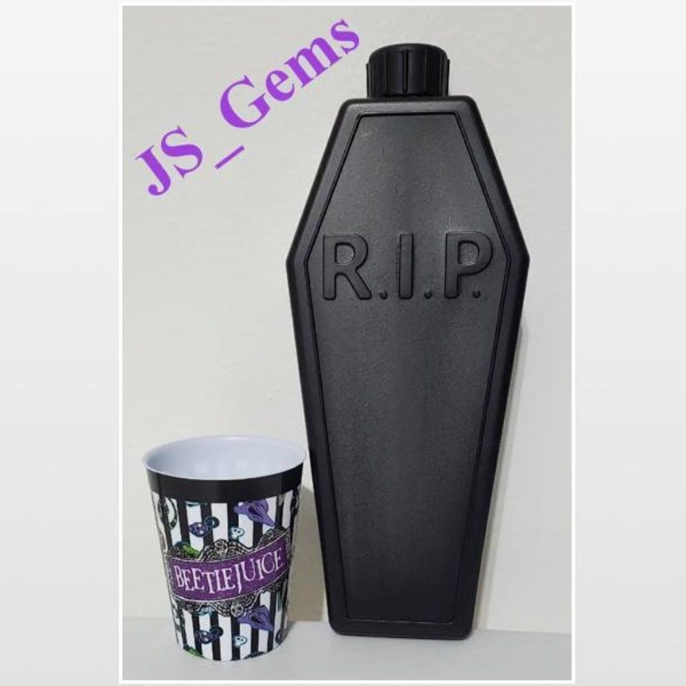 New Black RIP Coffin Flask & Beetlejuice Striped Shot Cup 2 Piece Set NWT